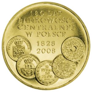 Moneta Nordic Gold; rewers – 180 lat bankowości centralnej w Polsce