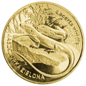 Moneta Nordic Gold; rewers – Zwierzęta Świata: Jaszczurka zielona (łac. Lacerta viridis)