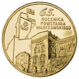 Moneta Nordic Gold; rewers – 65. rocznica Powstania Warszawskiego – poeci warszawscy: Krzysztof Kamil Baczyński i Tadeusz Gajcy