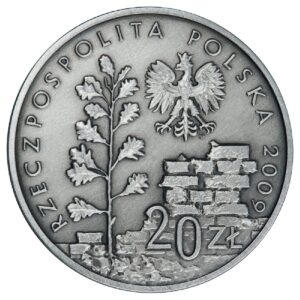 Srebrna moneta okolicznościowa; awers – 65. rocznica likwidacji getta w Łodzi