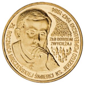 Moneta Nordic Gold; rewers – 25. rocznica męczeńskiej śmierci księdza Jerzego Popiełuszki