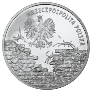 Srebrna moneta okolicznościowa; awers – Polacy ratujący Żydów – Irena Sendlerowa, Zofia Kossak, siostra Matylda Getter