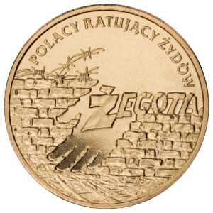 Moneta Nordic Gold; rewers – Polacy ratujący Żydów – Irena Sendlerowa, Zofia Kossak, siostra Matylda Getter
