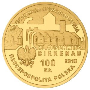 Złota moneta kolekcjonerska; awers – 65. rocznica oswobodzenia KL Auschwitz-Birkenau