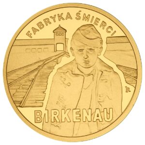 Złota moneta kolekcjonerska; rewers – 65. rocznica oswobodzenia KL Auschwitz-Birkenau