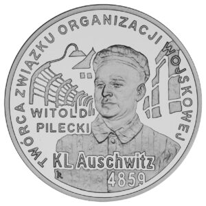 Srebrna moneta okolicznościowa; rewers – 65. rocznica oswobodzenia KL Auschwitz-Birkenau