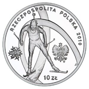 Srebrna moneta okolicznościowa; awers – Polska Reprezentacja Olimpijska Vancouver 2010