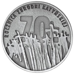 Srebrna moneta okolicznościowa; rewers – 70. rocznica zbrodni katyńskiej