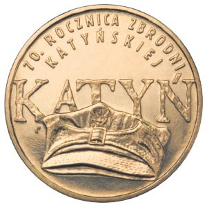 Moneta Nordic Gold; rewers – 70. rocznica zbrodni katyńskiej