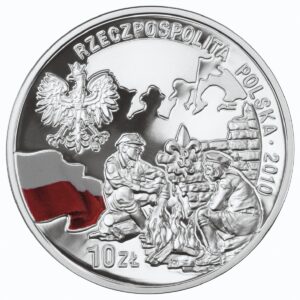 Srebrna moneta okolicznościowa; awers – 100. rocznica Harcerstwa Polskiego