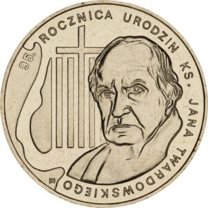 Moneta Nordic Gold; rewers – 95. rocznica urodzin ks. Jana Twardowskiego