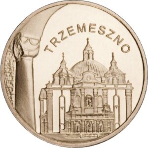 Moneta Nordic Gold; rewers – Miasta w Polsce: Trzemeszno – bazylika