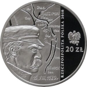 Srebrna moneta okolicznościowa; awers – 90. rocznica Bitwy Warszawskiej
