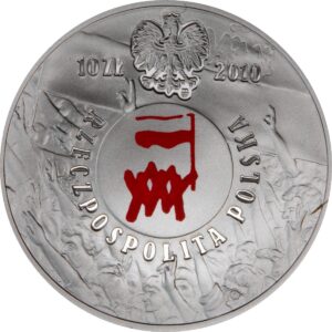 Srebrna moneta okolicznościowa; awers – Polski sierpień 1980