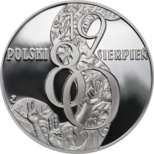 Srebrna moneta okolicznościowa; rewers – Polski sierpień 1980