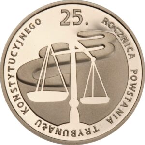 Złota moneta kolekcjonerska; rewers – 25. rocznica powstania Trybunału Konstytucyjnego