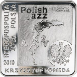 Srebrna moneta okolicznościowa; awers – Historia polskiej muzyki rozrywkowej – Krzysztof Komeda