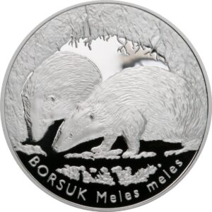 Srebrna moneta okolicznościowa; rewers – Zwierzęta świata – borsuk (Meles meles)