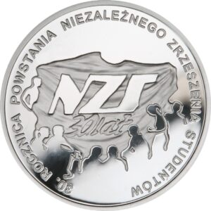 Srebrna moneta okolicznościowa; rewers – 30. rocznica powstania NZS