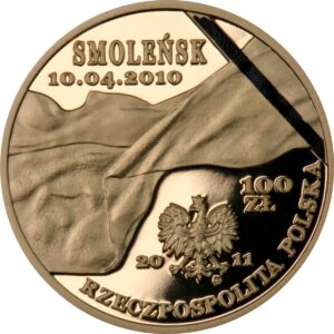 Złota moneta kolekcjonerska; awers – Smoleńsk - pamięci ofiar 10.04.2010 r.