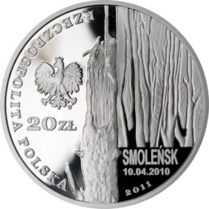 Srebrna moneta okolicznościowa; awers; 20 zł – Smoleńsk - pamięci ofiar 10.04.2010 r.
