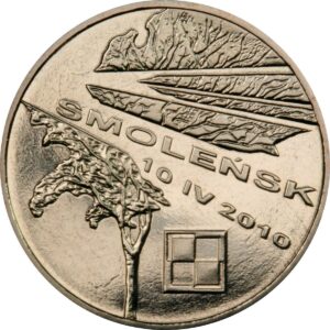 Moneta Nordic Gold; rewers – Smoleńsk - pamięci ofiar 10.04.2010 r.