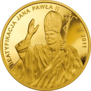 Złota moneta kolekcjonerska; rewers; 1000 zł – Beatyfikacja Jana Pawła II – 1 V 2011