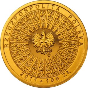Złota moneta kolekcjonerska; awers; 100 zł – Beatyfikacja Jana Pawła II – 1 V 2011