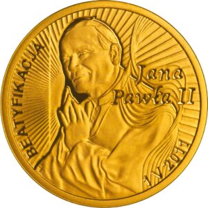 Złota moneta kolekcjonerska; rewers; 100 zł – Beatyfikacja Jana Pawła II – 1 V 2011