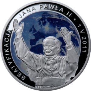 Srebrna moneta okolicznościowa; rewers – Beatyfikacja Jana Pawła II – 1 V 2011