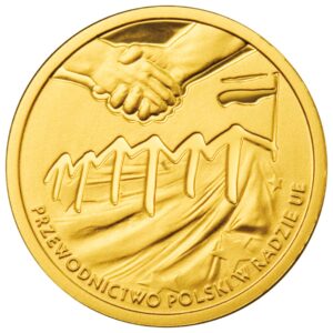 Złota moneta kolekcjonerska; rewers – Przewodnictwo Polski w Radzie UE
