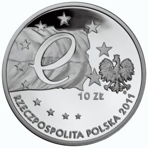 Srebrna moneta okolicznościowa; awers – Przewodnictwo Polski w Radzie UE
