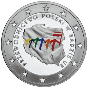 Srebrna moneta okolicznościowa; rewers – Przewodnictwo Polski w Radzie UE