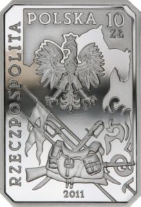 Srebrna moneta okolicznościowa; awers – Historia jazdy polskiej – ułan II Rzeczypospolitej