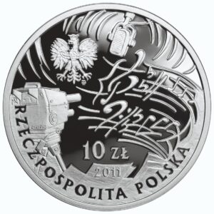 Srebrna moneta okolicznościowa; awers – Historia Polskiej Muzyki Rozrywkowej – Jeremi Przybora, Jerzy Wasowski