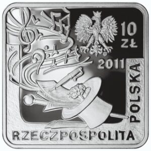 Srebrna moneta okolicznościowa; awers – Historia Polskiej Muzyki Rozrywkowej – Jeremi Przybora, Jerzy Wasowski