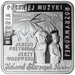 Srebrna moneta okolicznościowa; rewers – Historia Polskiej Muzyki Rozrywkowej – Jeremi Przybora, Jerzy Wasowski