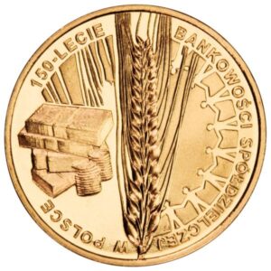 Moneta Nordic Gold; rewers – 150-lecie bankowości spółdzielczej w Polsce