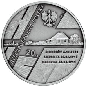 Srebrna moneta okolicznościowa; awers – Polacy ratujący Żydów – rodzina Ulmów, Kowalskich, Baranków