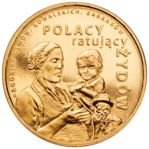Moneta Nordic Gold; rewers – Polacy ratujący Żydów – rodzina Ulmów, Kowalskich, Baranków
