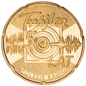Moneta Nordic Gold; rewers – 50-lecie Programu 3 Polskiego Radia