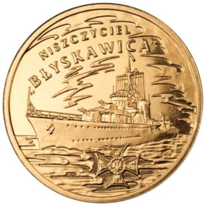 Moneta Nordic Gold; rewers – Polskie okręty: Niszczyciel „Błyskawica”