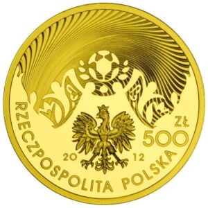 Złota moneta kolekcjonerska; awers; 500 zł – Mistrzostwa Europy w Piłce Nożnej UEFA 2010-12