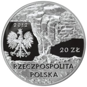 Srebrna moneta okolicznościowa; awers – Zabytki kultury materialnej w Polsce – Krzemionki Opatowskie