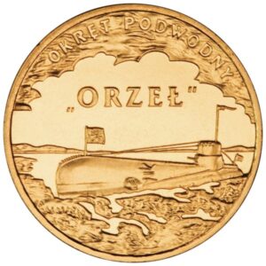 Moneta Nordic Gold; rewers – Polskie okręty: Okręt podwodny „Orzeł”