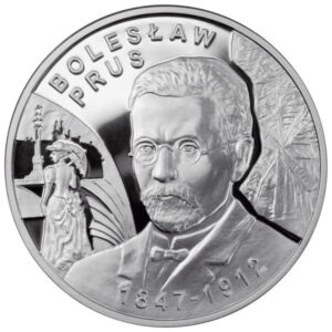 Srebrna moneta okolicznościowa; rewers – Bolesław Prus
