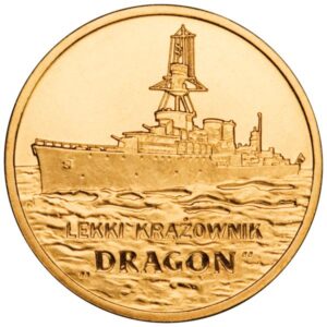 Moneta Nordic Gold; rewers – Polskie okręty: Lekki krążownik „Dragon”
