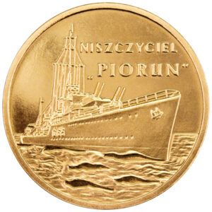 Moneta Nordic Gold; rewers – Polskie okręty: Niszczyciel „Piorun”