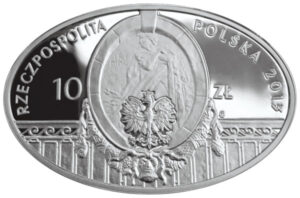 Srebrna moneta okolicznościowa; awers – 100 lat Teatru Polskiego w Warszawie