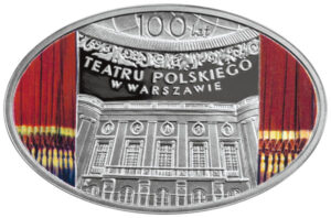 Srebrna moneta okolicznościowa; rewers – 100 lat Teatru Polskiego w Warszawie